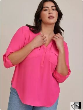 torrid Hot Pink Georgette Split V-Neck Tunic Blouse Size 00 (10) 6686
